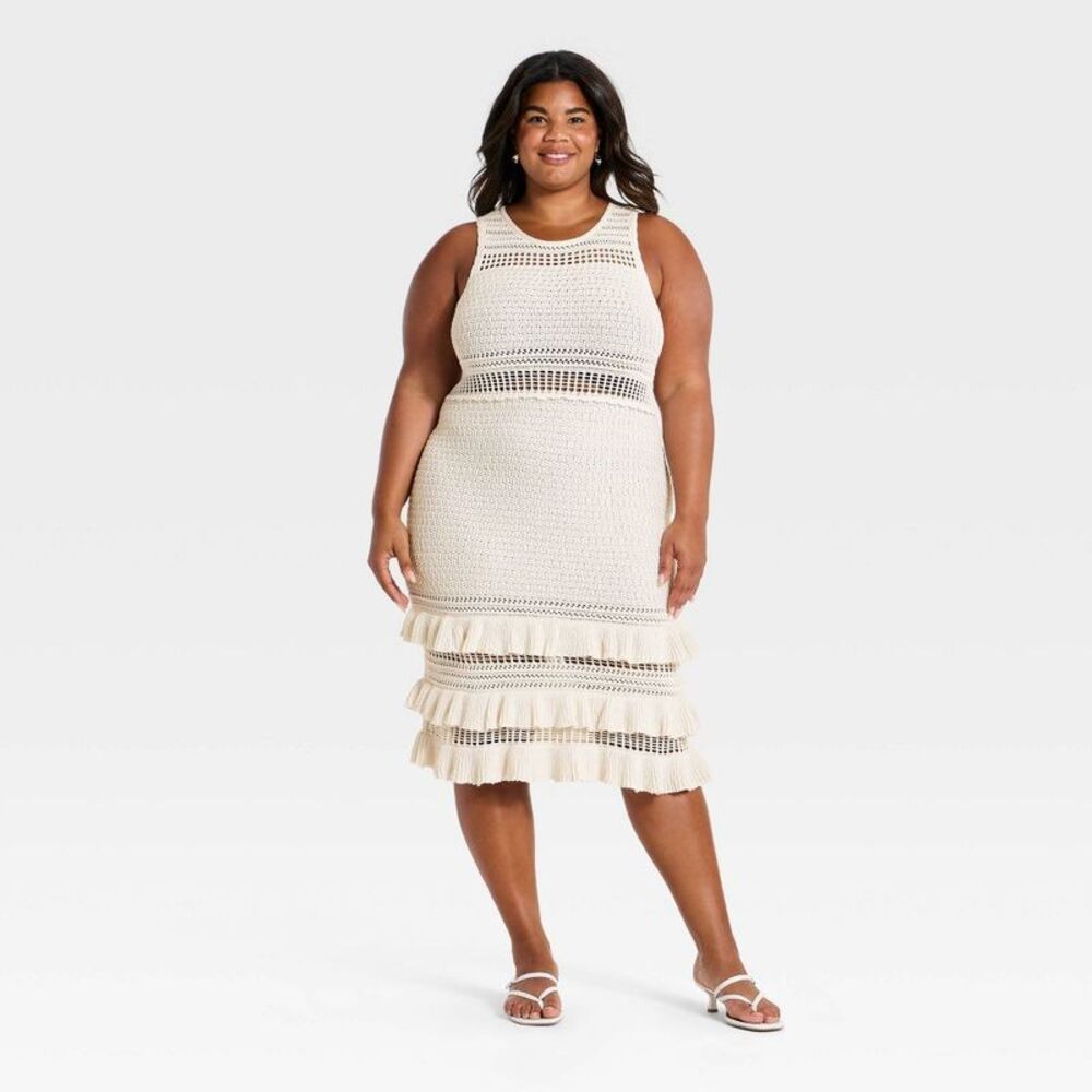 Women's Ruffle Sweater Midi Dress - A New Day Cream 2X